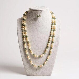Multi Green And Gream Glass Faux Pearl Long Necklace Earring Set